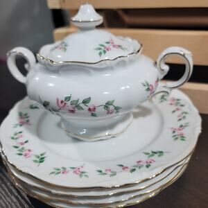 Crown Bavaria Germany Rose Floral "Juliette" Sugar Bowl w/Gold Trim and 4 plates